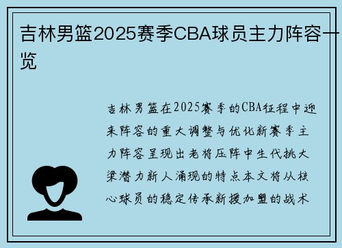 吉林男篮2025赛季CBA球员主力阵容一览