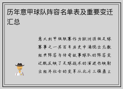 历年意甲球队阵容名单表及重要变迁汇总